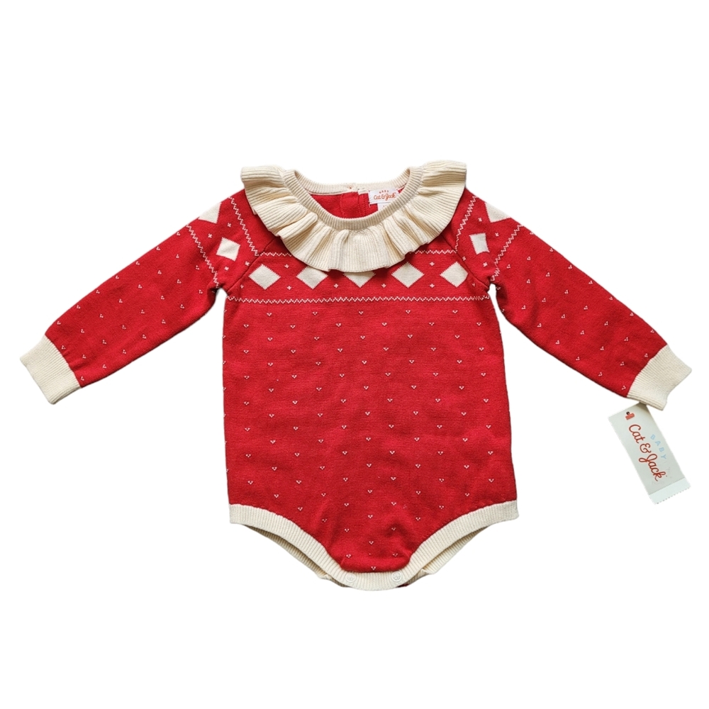Baby Girls Fair Isle Sweater Romper Ruffled - Cat & Jack Red One Piece Bodysuit